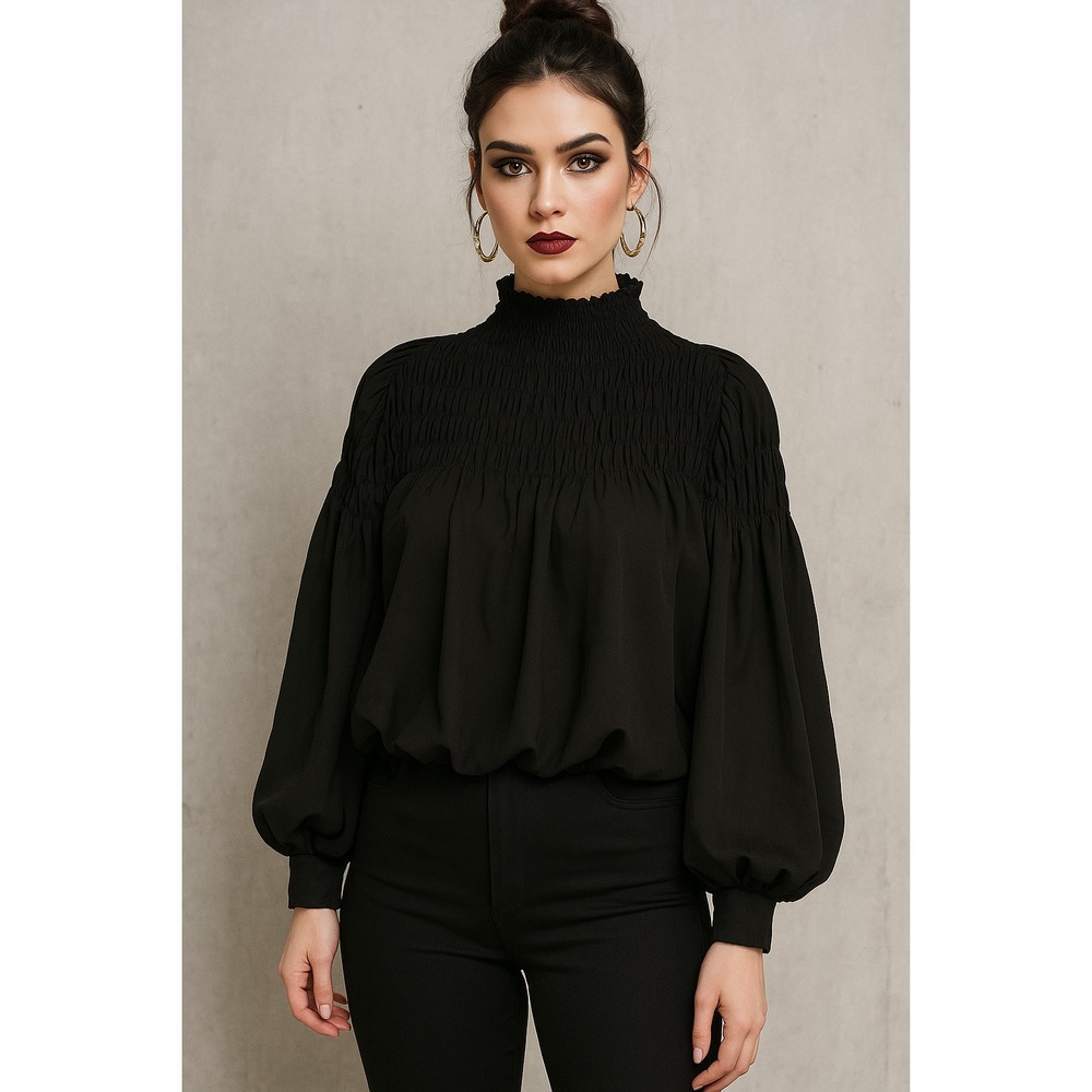 1.State Blouse Top Women Sz S Black‎ Long Sleeve Tie Back Goth Minimalist